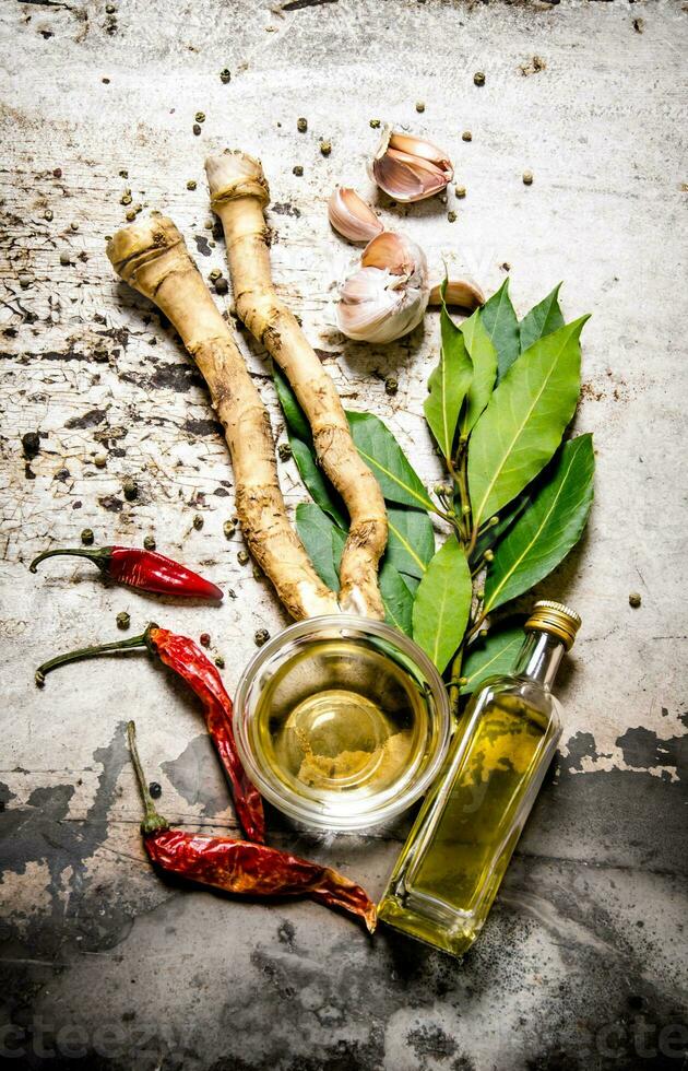 conjunto de especias - chile, jengibre, ajo, bahía hoja y aceituna aceite. foto