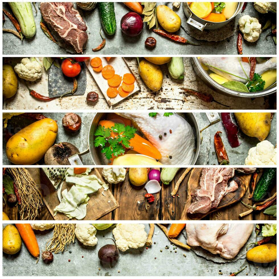 Food collage of soup. photo