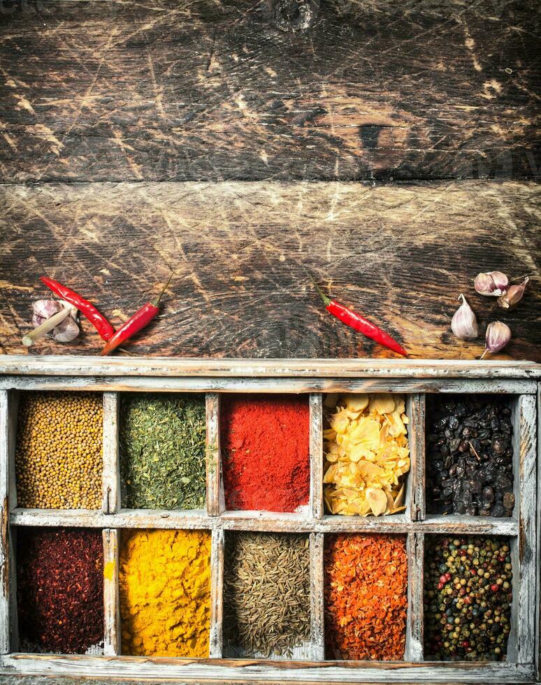 Different spices and herbs in a box. photo