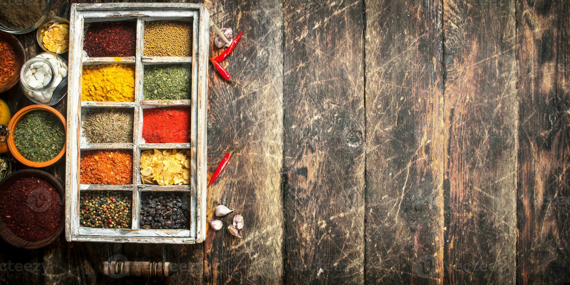 Different spices and herbs in a box. photo