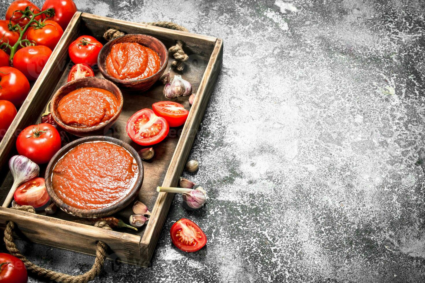 Tomato sauce with herbs, spices and garlic on wooden tray. photo