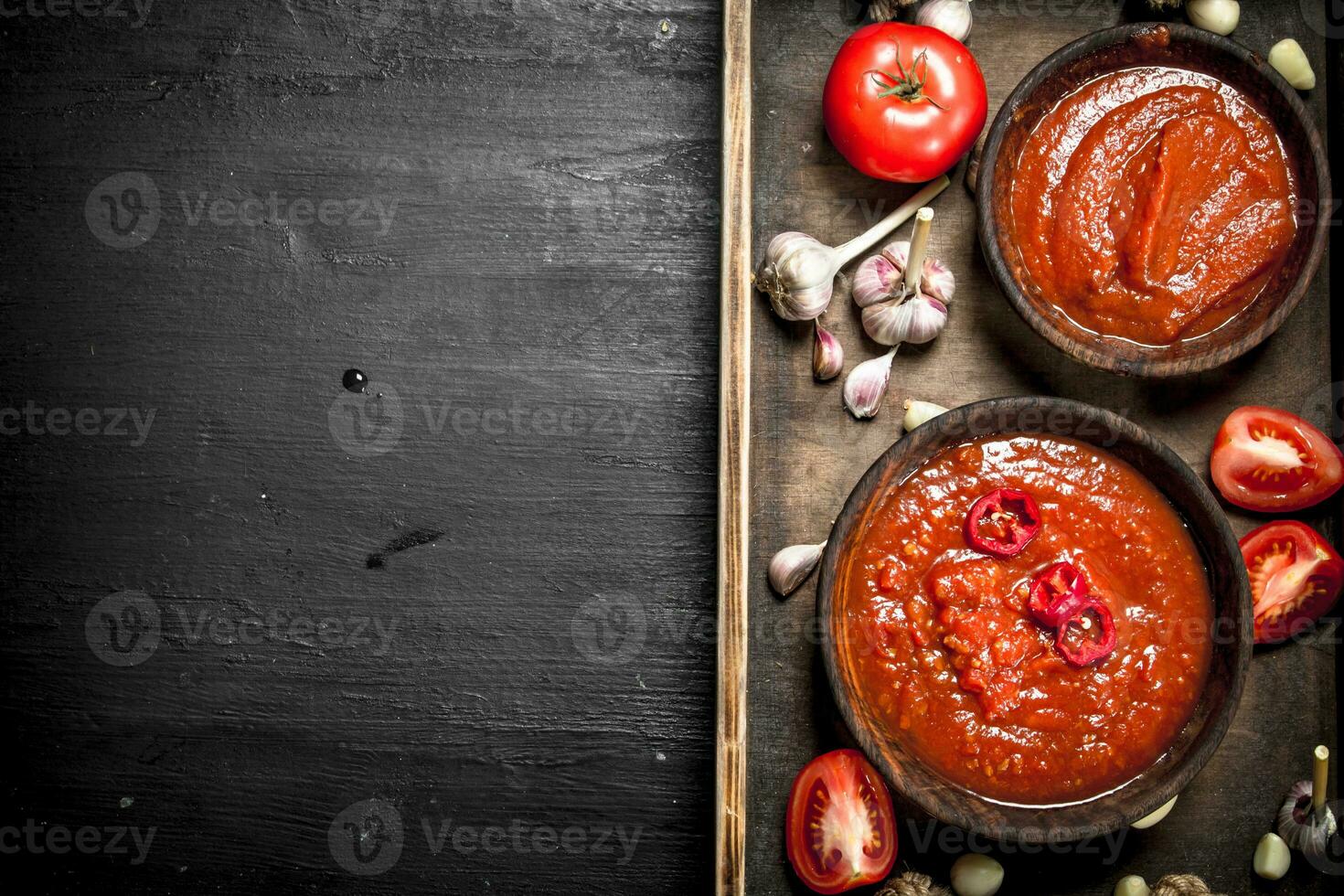 Fresh tomato sauce with spices and garlic on wooden tray. photo