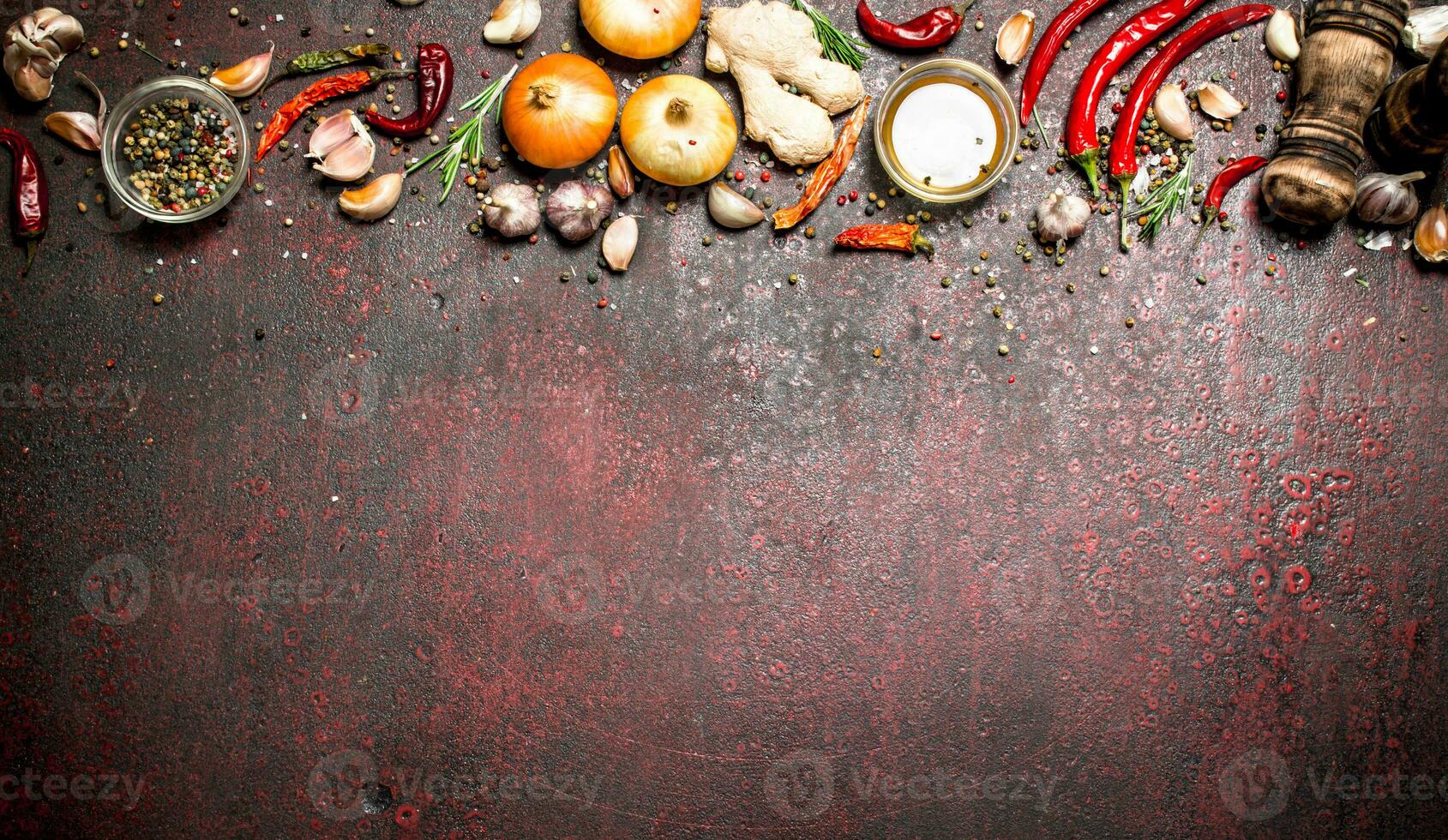 Fresh spices. A variety of aromatic spices with chili peppers and onions. On rustic background. photo
