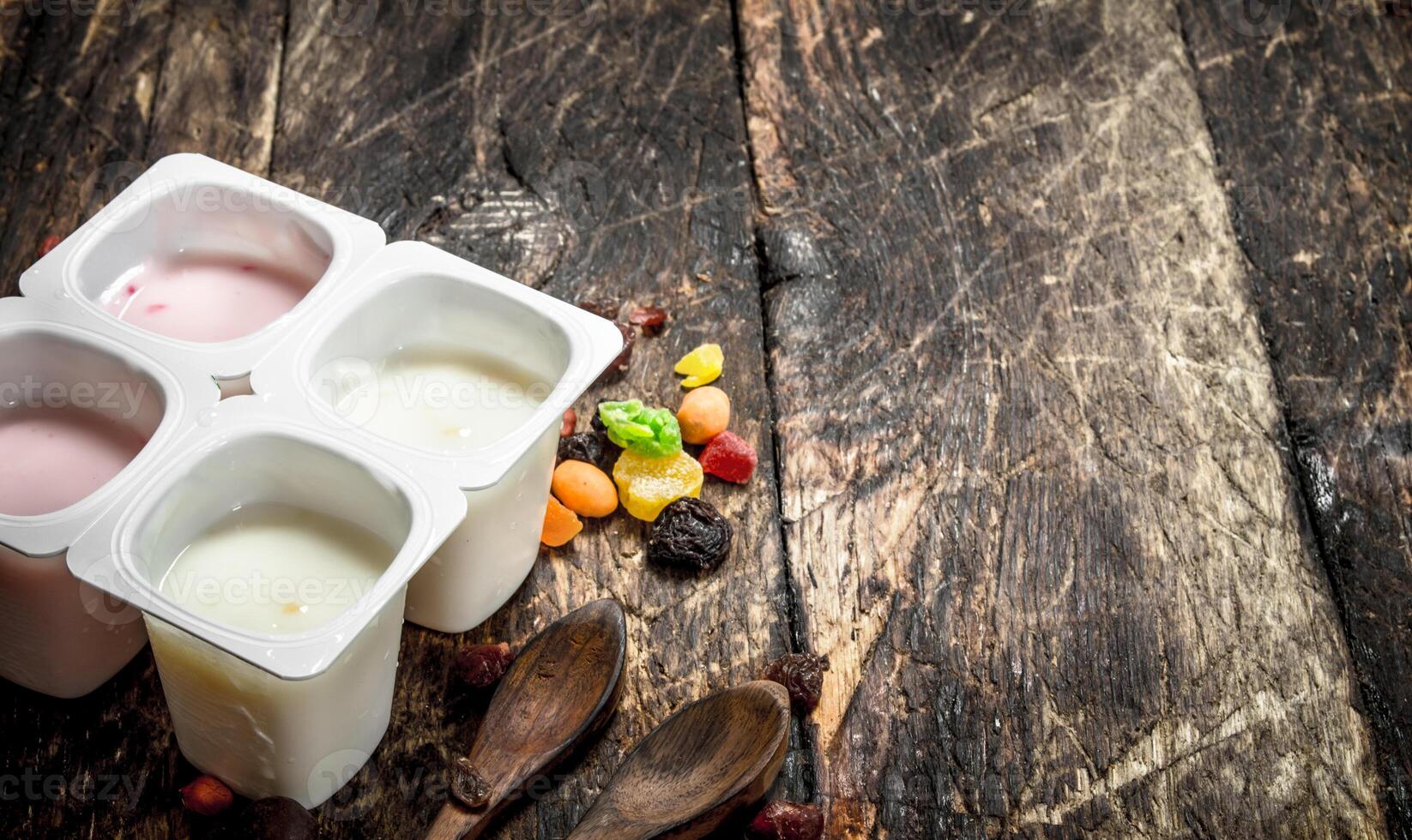 Various fruit yoghurts. photo
