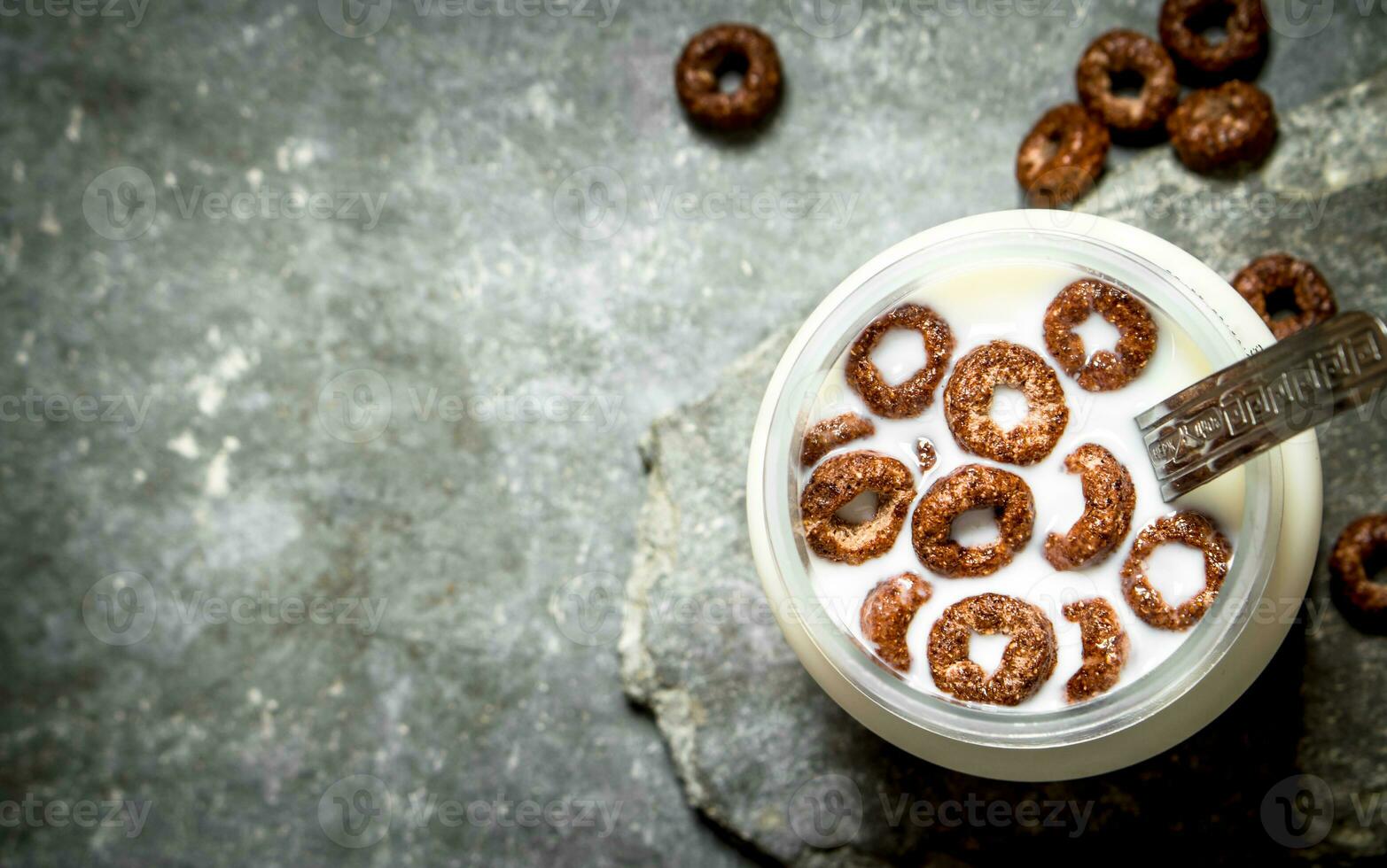 Healthy Breakfast. Chocolate cereal with milk. photo