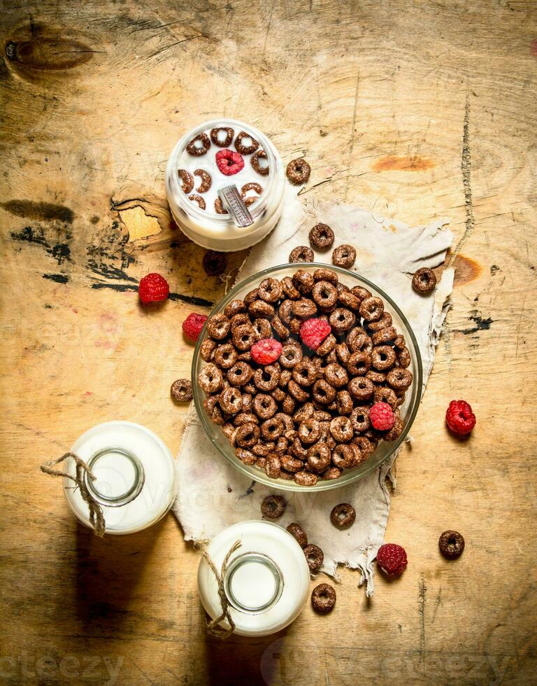 Healthy food. Chocolate cereal with raspberries and milk. photo