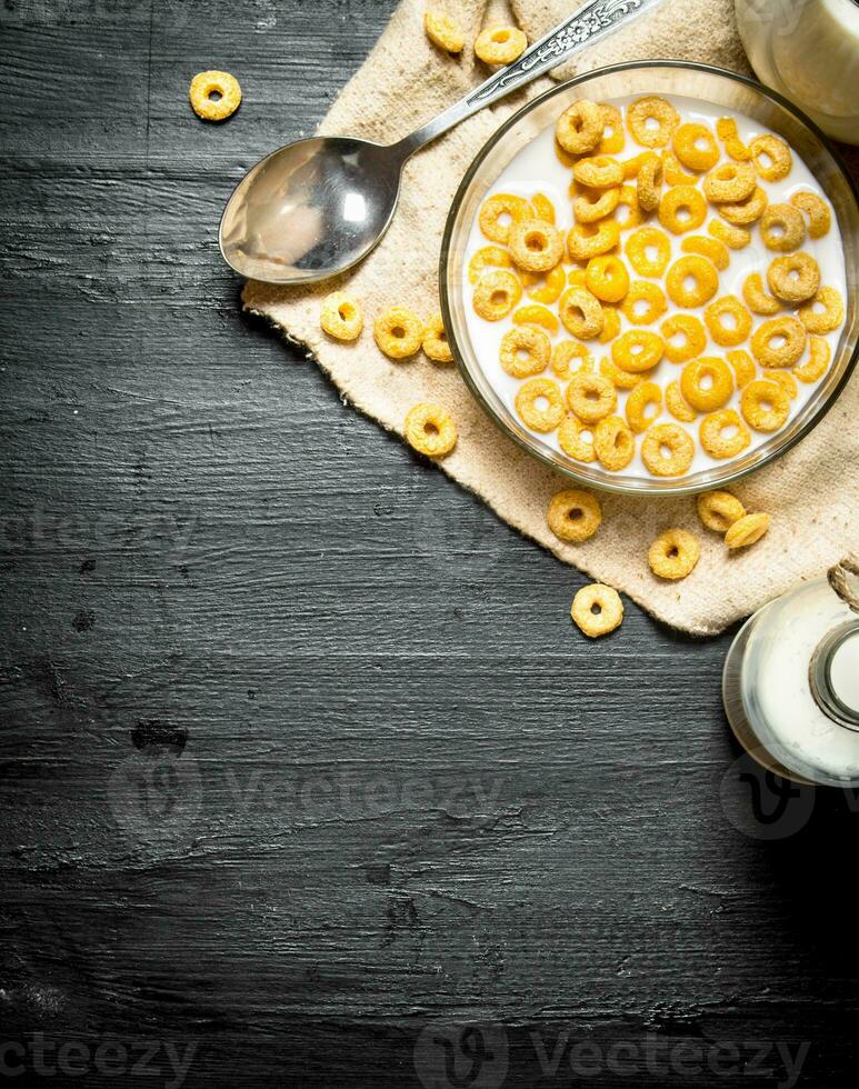 Cereal with milk in a glass dish. photo