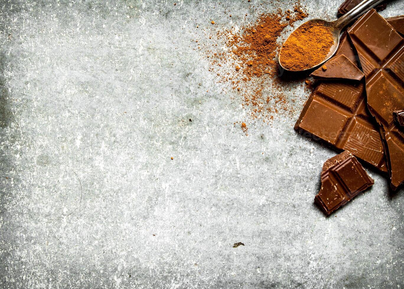 Chocolate with cocoa powder in the spoon. photo