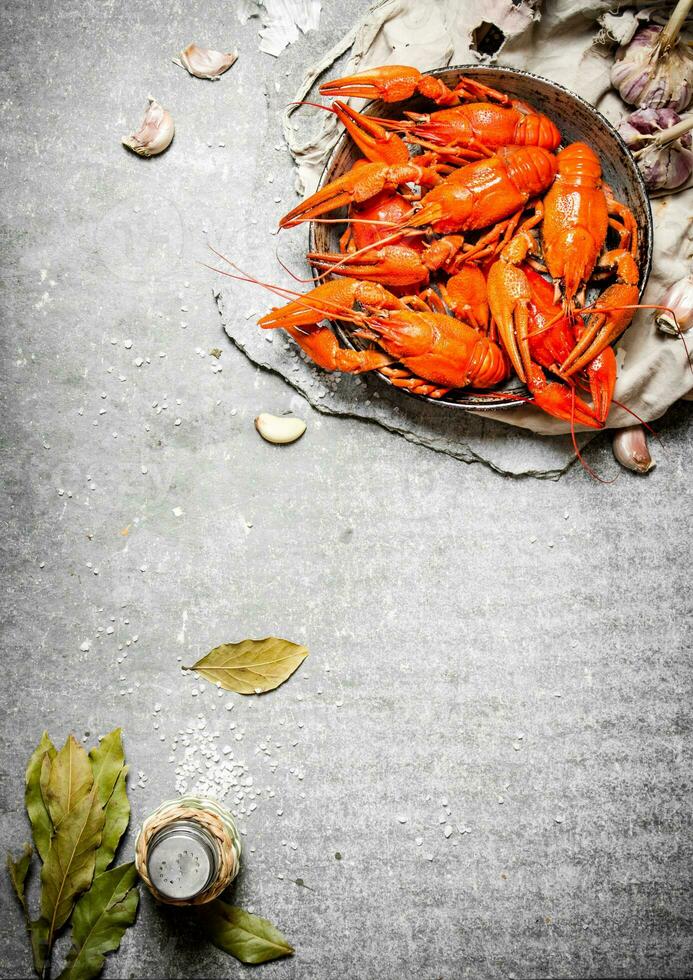 Boiled crawfish with spices and herbs. photo