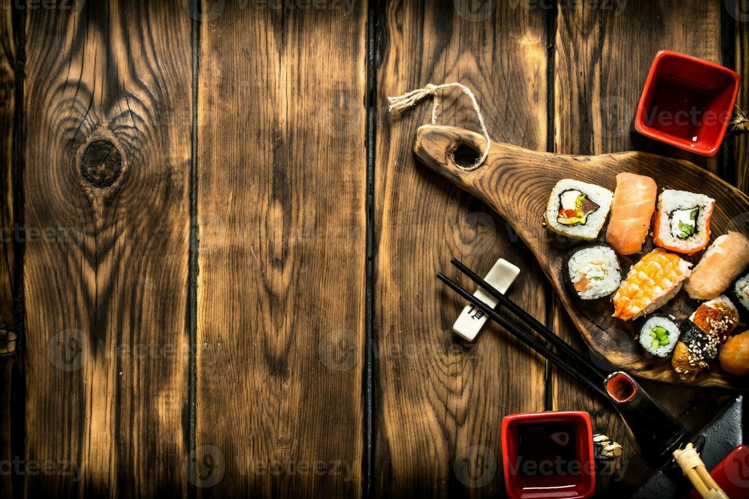 Sushi and rolls with herbal tea. photo