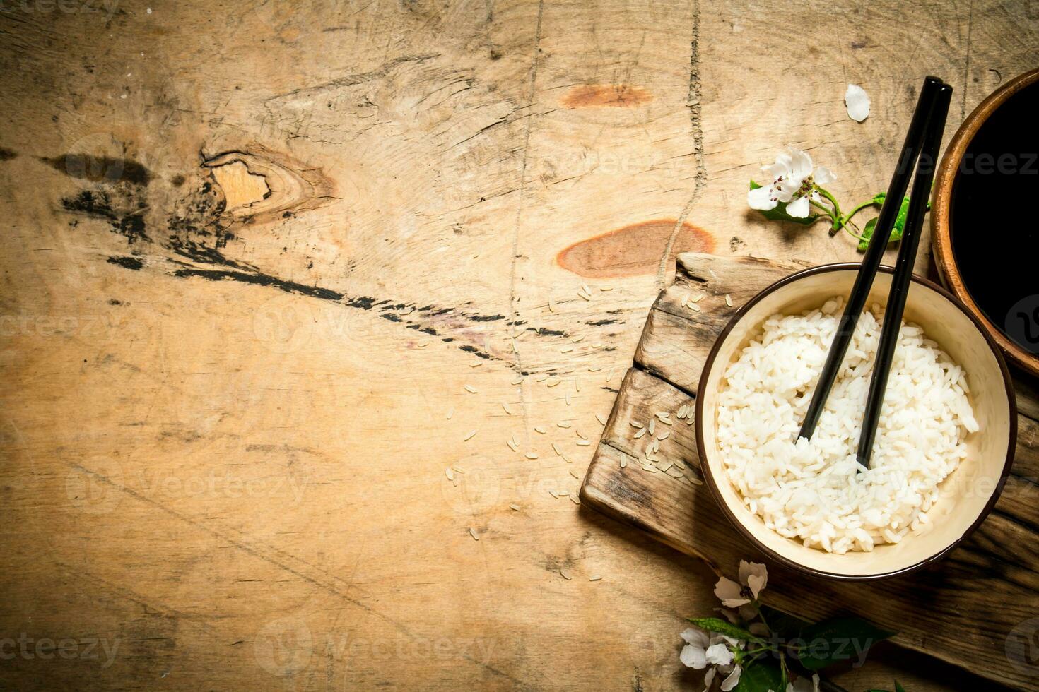 Boiled rice with soy sauce. photo