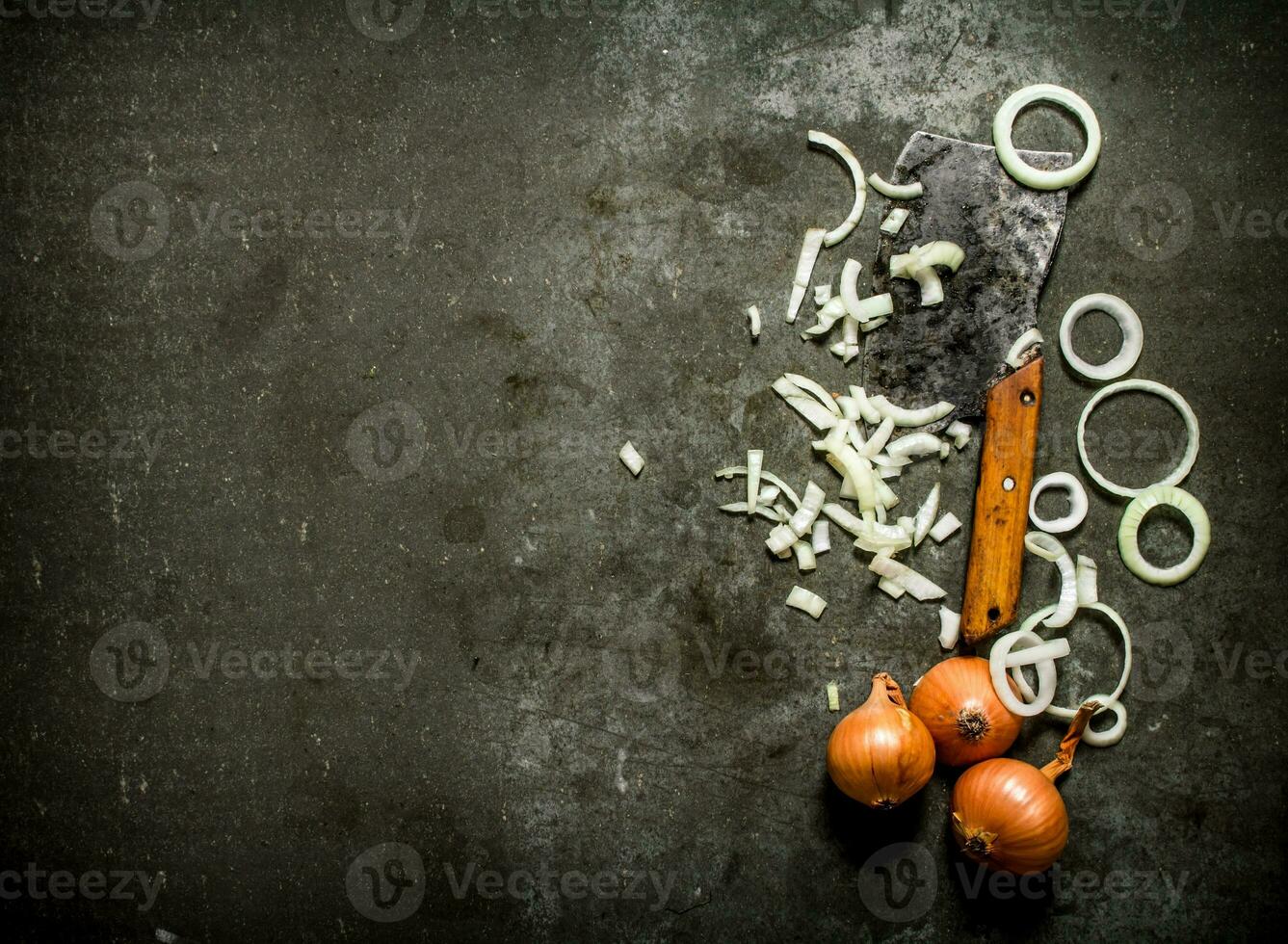 chopped onion with an old hatchet. photo