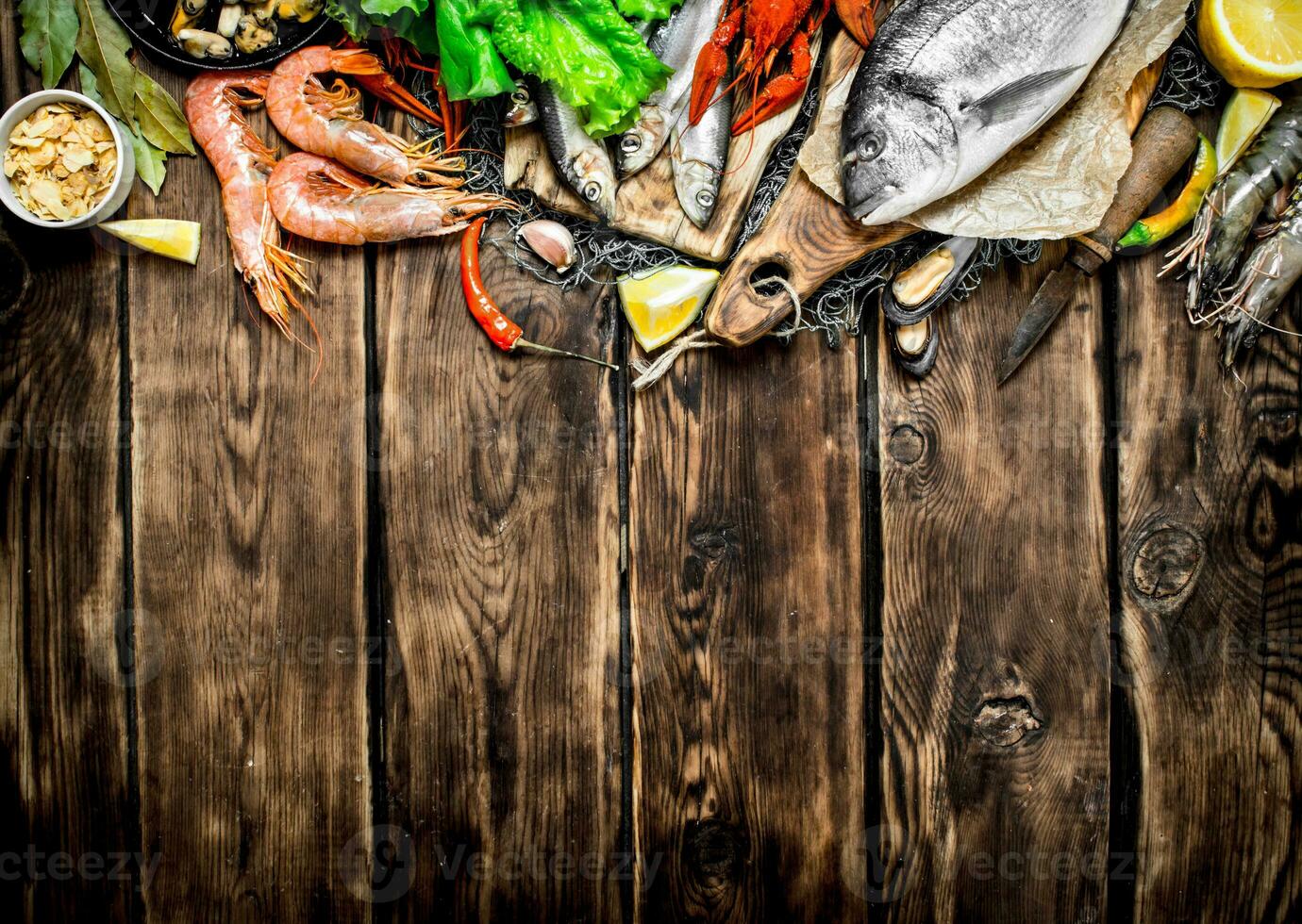 variety of seafood on a fishing net. photo