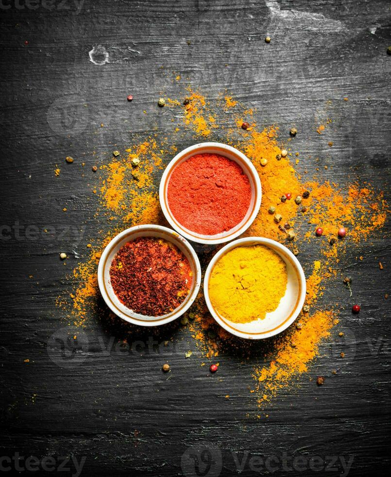 set of Indian spices in the dishes photo