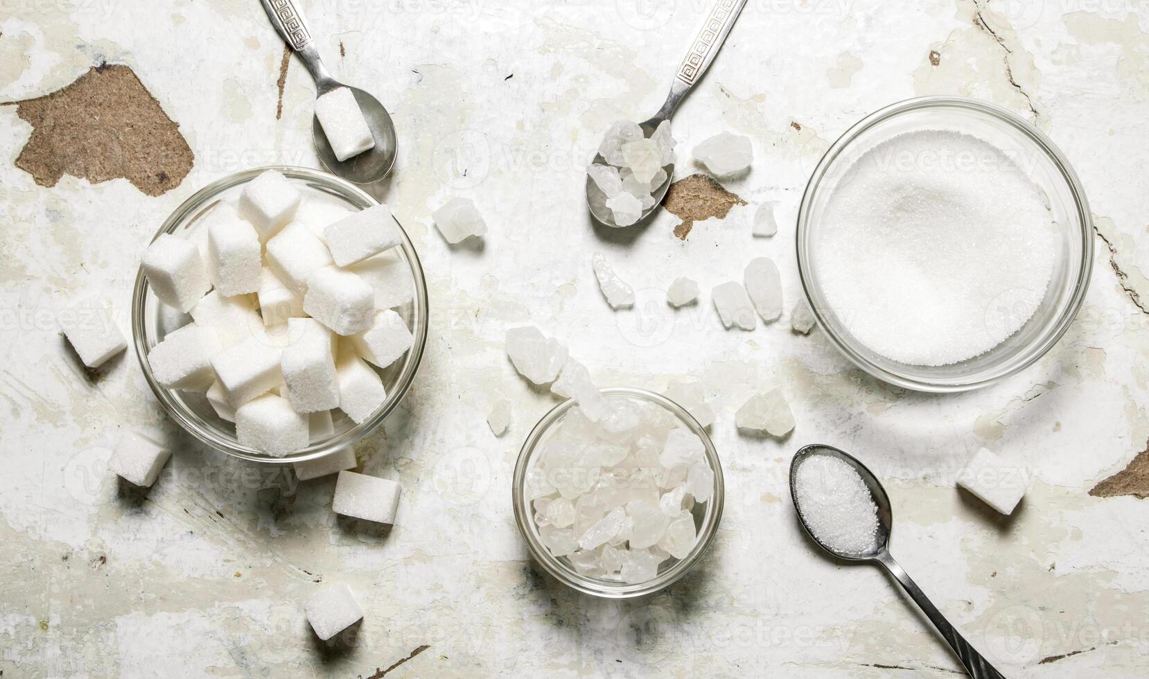 Various kinds of white sugar. photo
