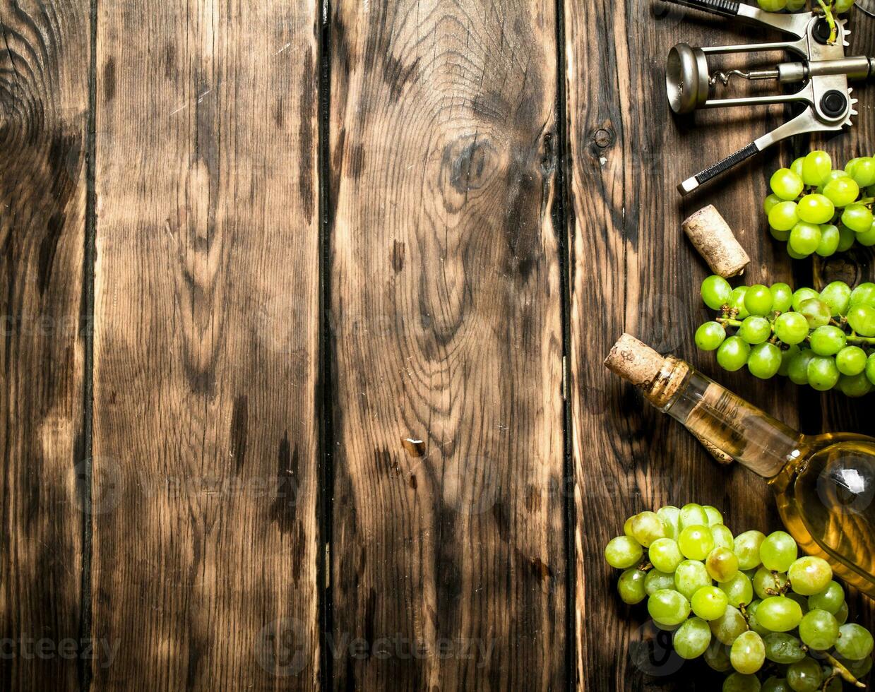 White wine with a corkscrew and branches of grapes. photo