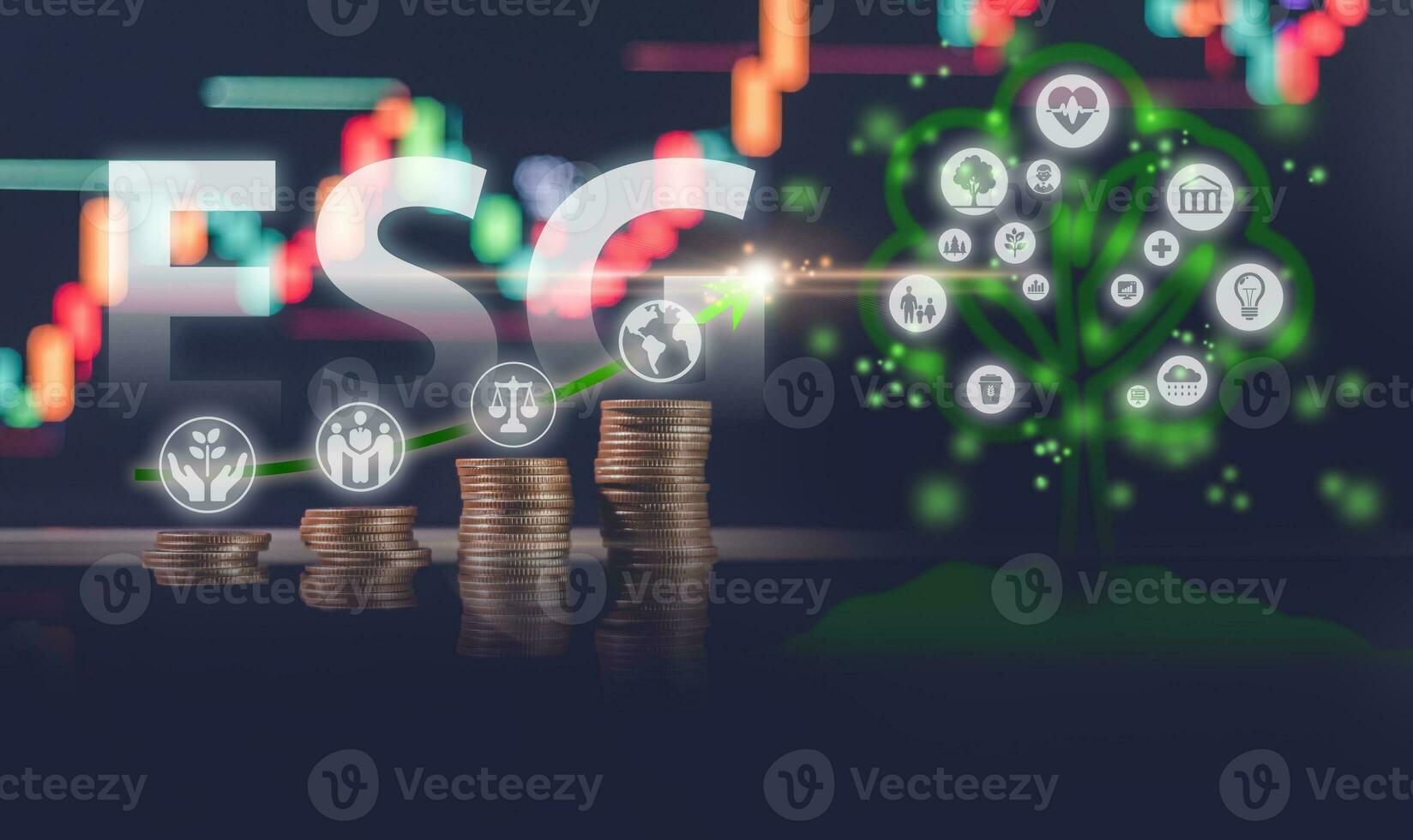 ESG concept, a tree hologram grows from a pile of coins on a stock market graph, representing the growth of sustainable businesses in the global economy. photo
