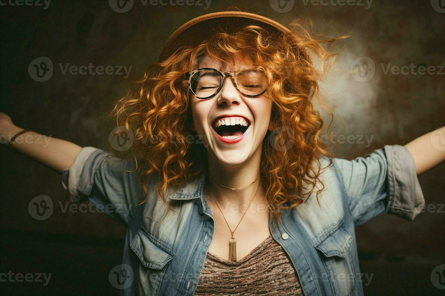 A female hipster finds joy in dancing and having fun within a studio space. ai generated photo