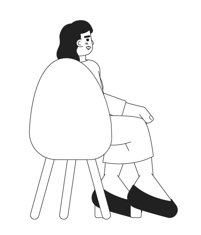 caucásico adulto mujer sentado en silla espalda ver negro y blanco 2d dibujos animados personaje. europeo dama asistente aislado vector contorno persona. conferencia participar monocromo plano Mancha ilustración