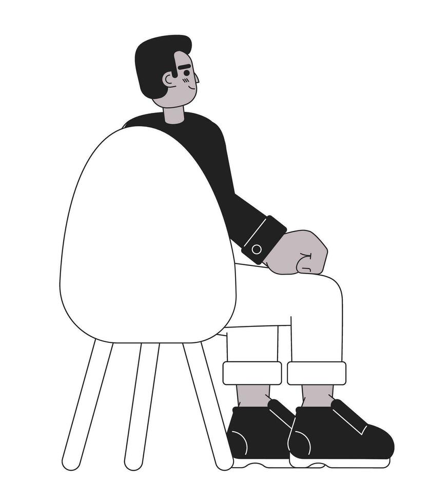 Black young adult man sitting in chair back view black and white 2D cartoon character. African american guy lecture attendee isolated vector outline person. Monochromatic flat spot illustration