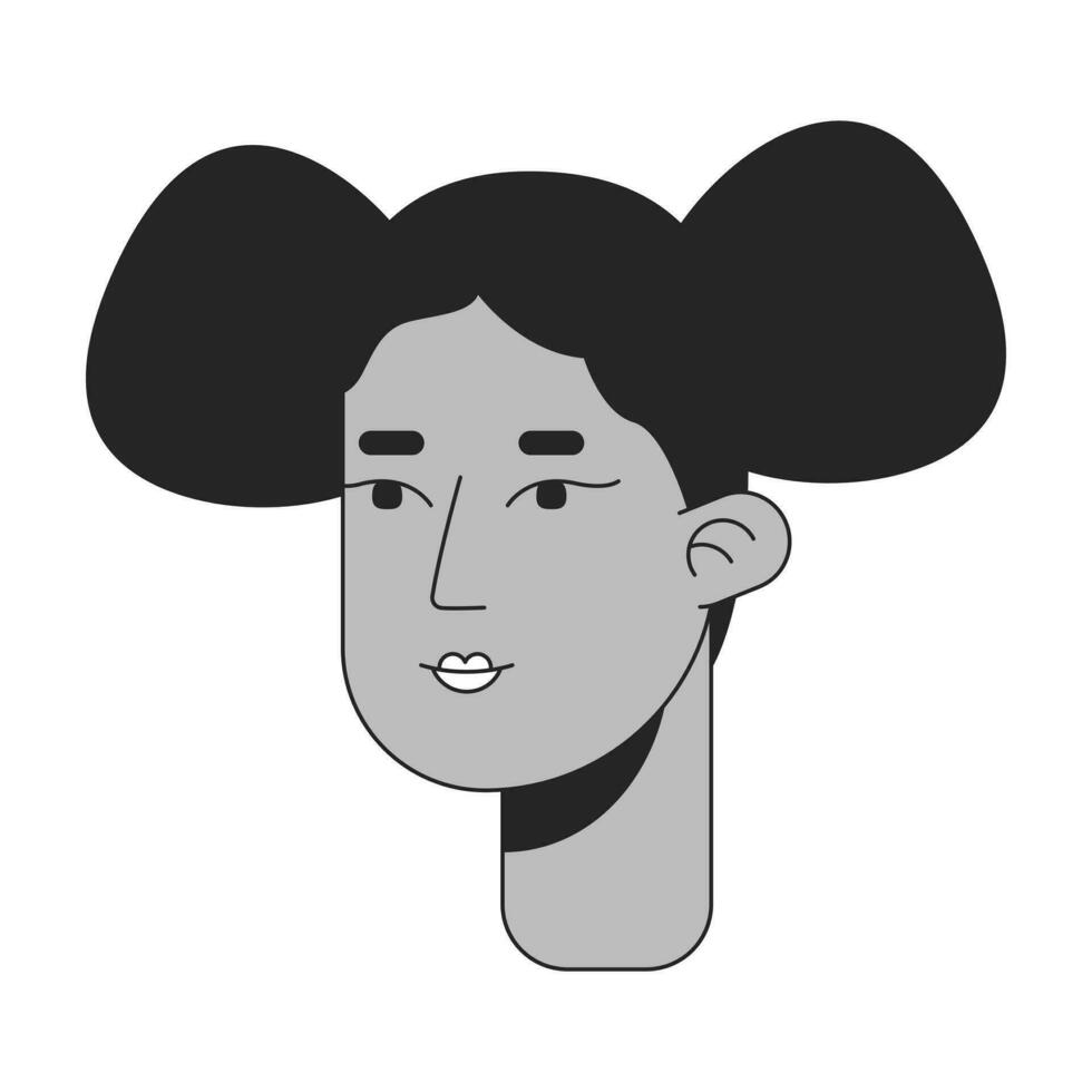 Two buns girl black and white 2D line cartoon character head. African american woman 90s retro hairstyle isolated vector outline person face. Female afro hair monochromatic flat spot illustration