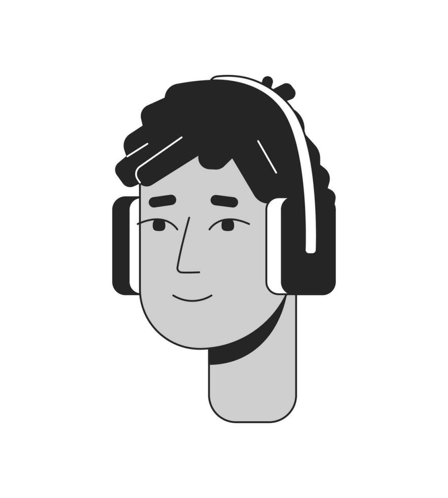 Headphones teenage boy latino with dreadlocks black and white 2D line cartoon character head. Dreads mexican young male isolated vector outline person face. Monochromatic flat spot illustration