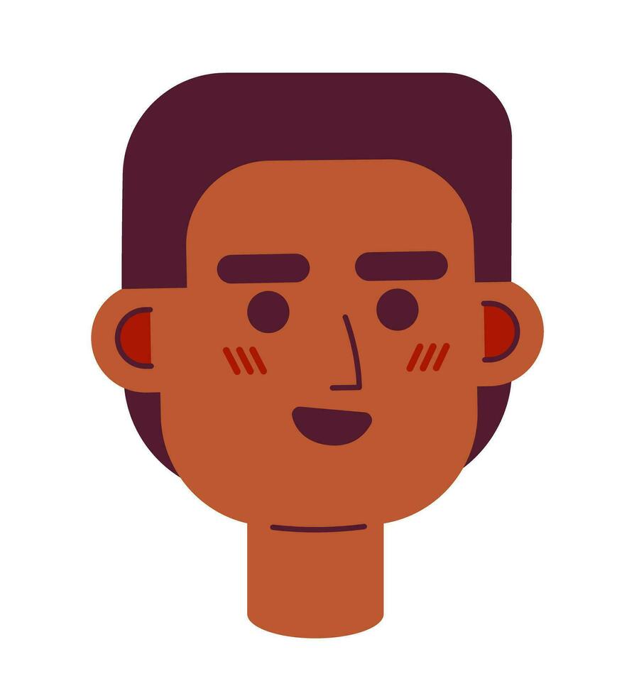 Black young man front view 2D vector avatar illustration. African american excited man cartoon character face. Happy male portrait. Joyful guy flat color user profile image isolated on white