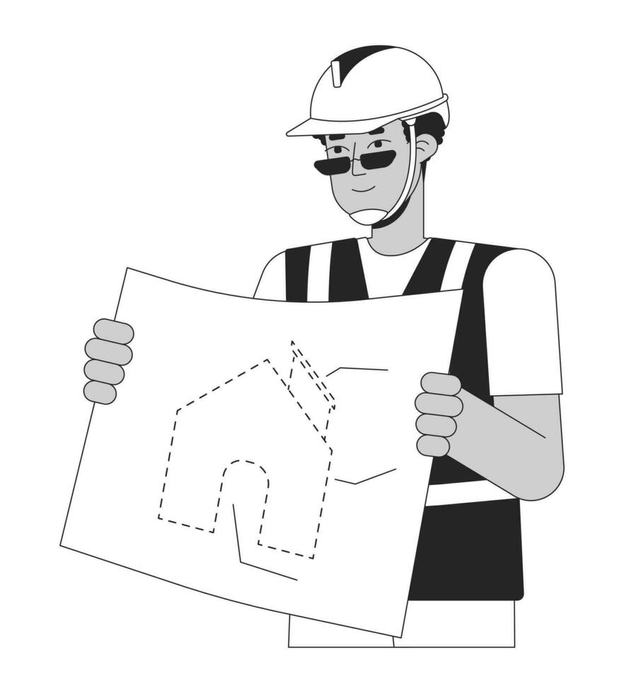 Black man contractor with blueprint black and white 2D line cartoon character. African american male builder isolated vector outline person. New home construction monochromatic flat spot illustration