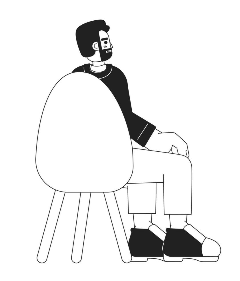 Bearded european man sitting in chair back view black and white 2D cartoon character. Caucasian guy entrepreneur isolated vector outline person. Seminar attendee monochromatic flat spot illustration