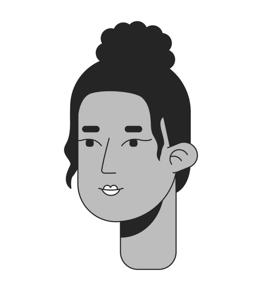Curly high bun girl black and white 2D line cartoon character head. African american young woman with top knot bun isolated vector outline person face. Female monochromatic flat spot illustration