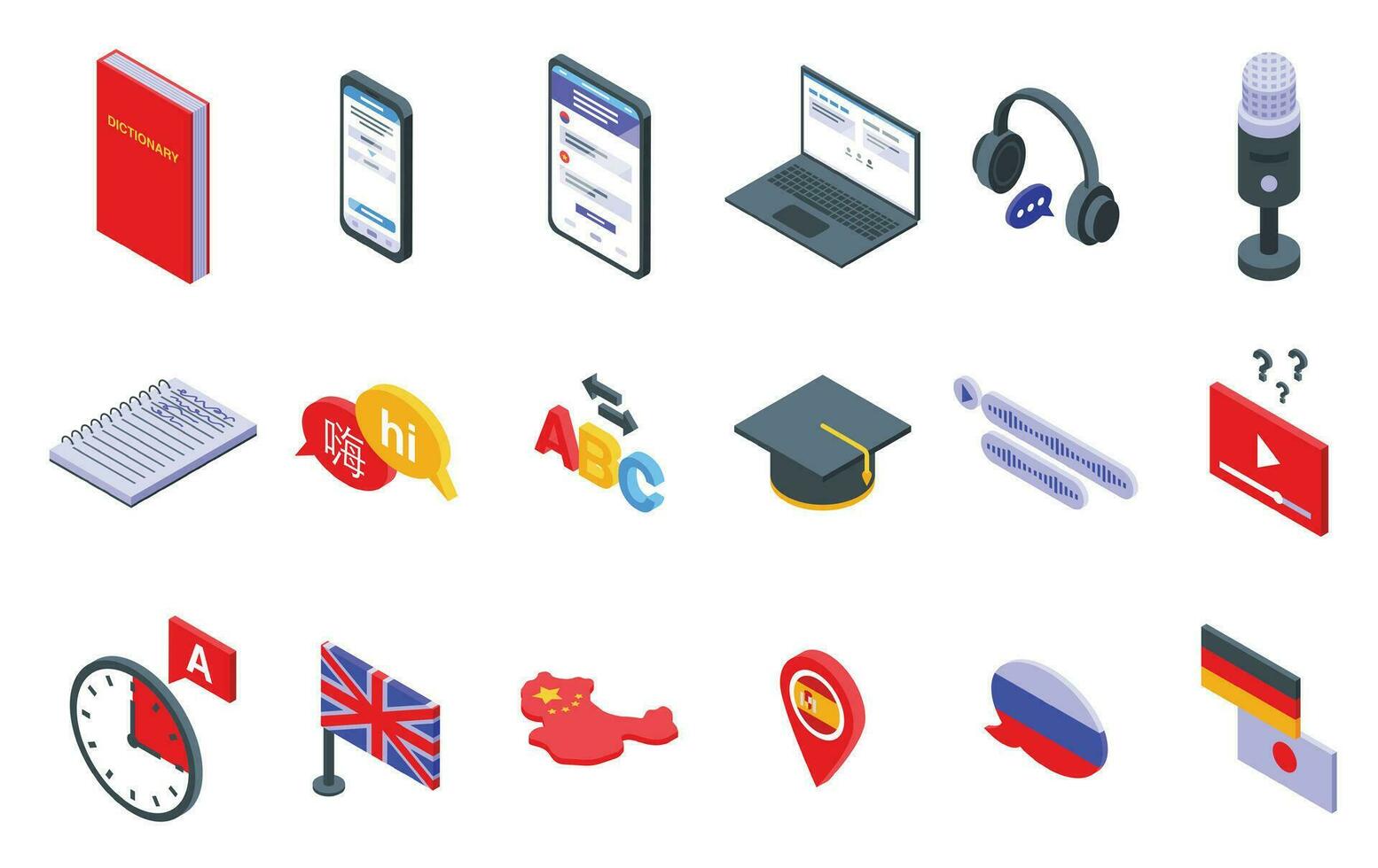 Learning a new language icons set isometric vector. Learn education study vector