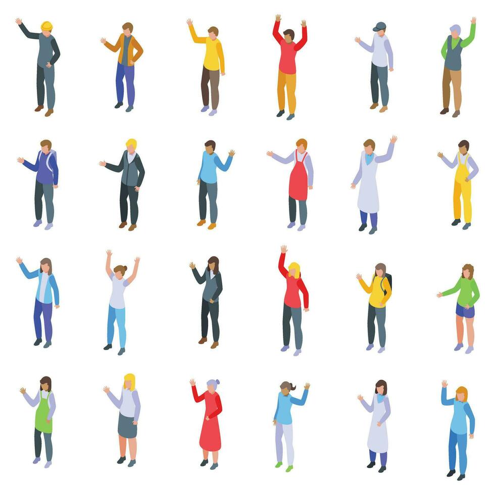 People gesturing hi icons set isometric vector. Hello waving vector