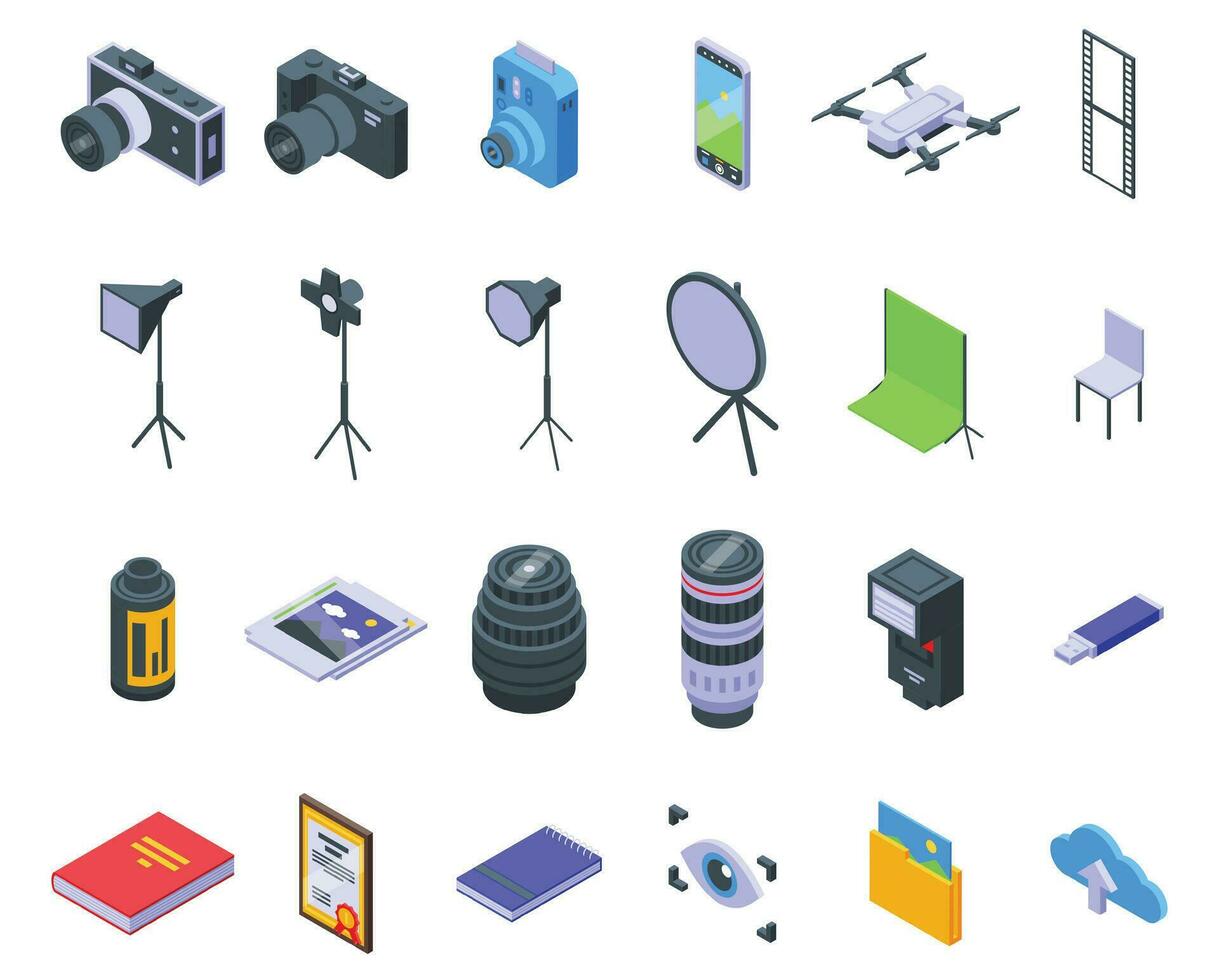 Photography courses icons set isometric vector. Woman class vector