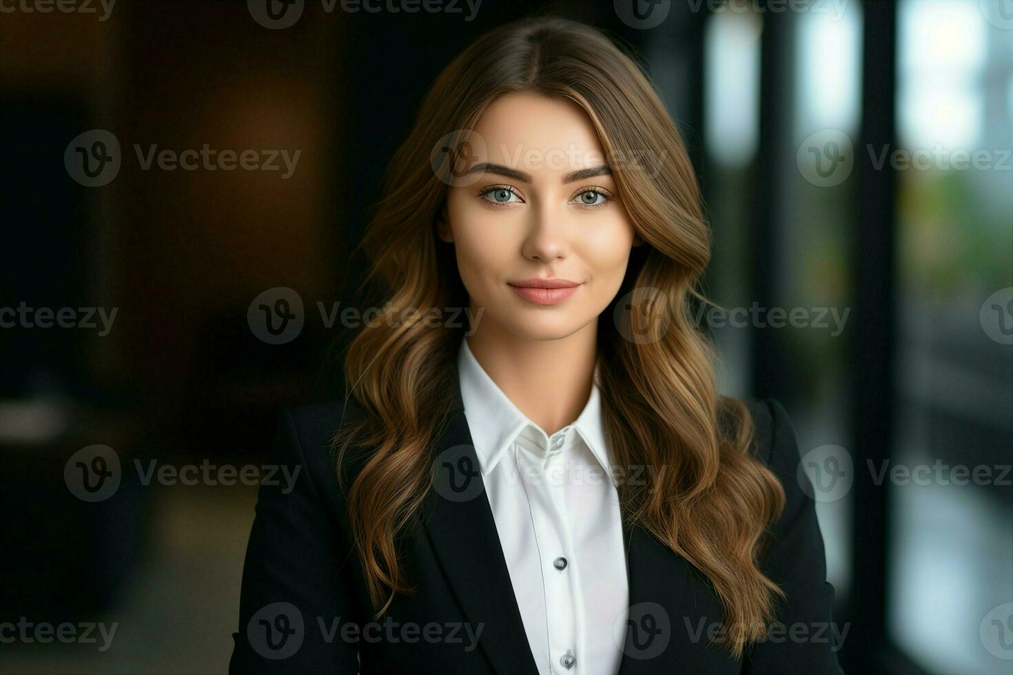 Portrait of a stylish professional woman dressed in a suit, standing confidently within an office environment. ai generative photo