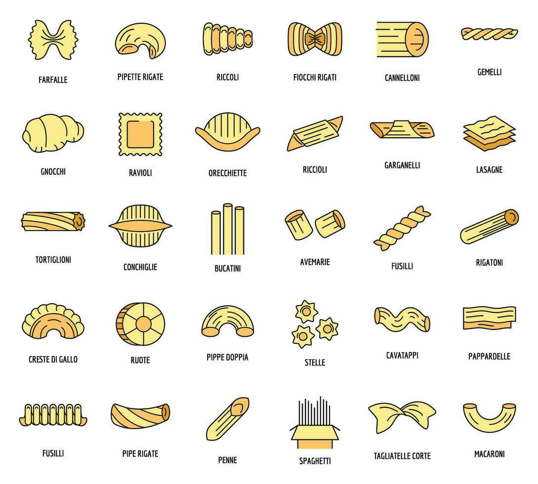 Macaroni pasta spaghetti icons set vector color
