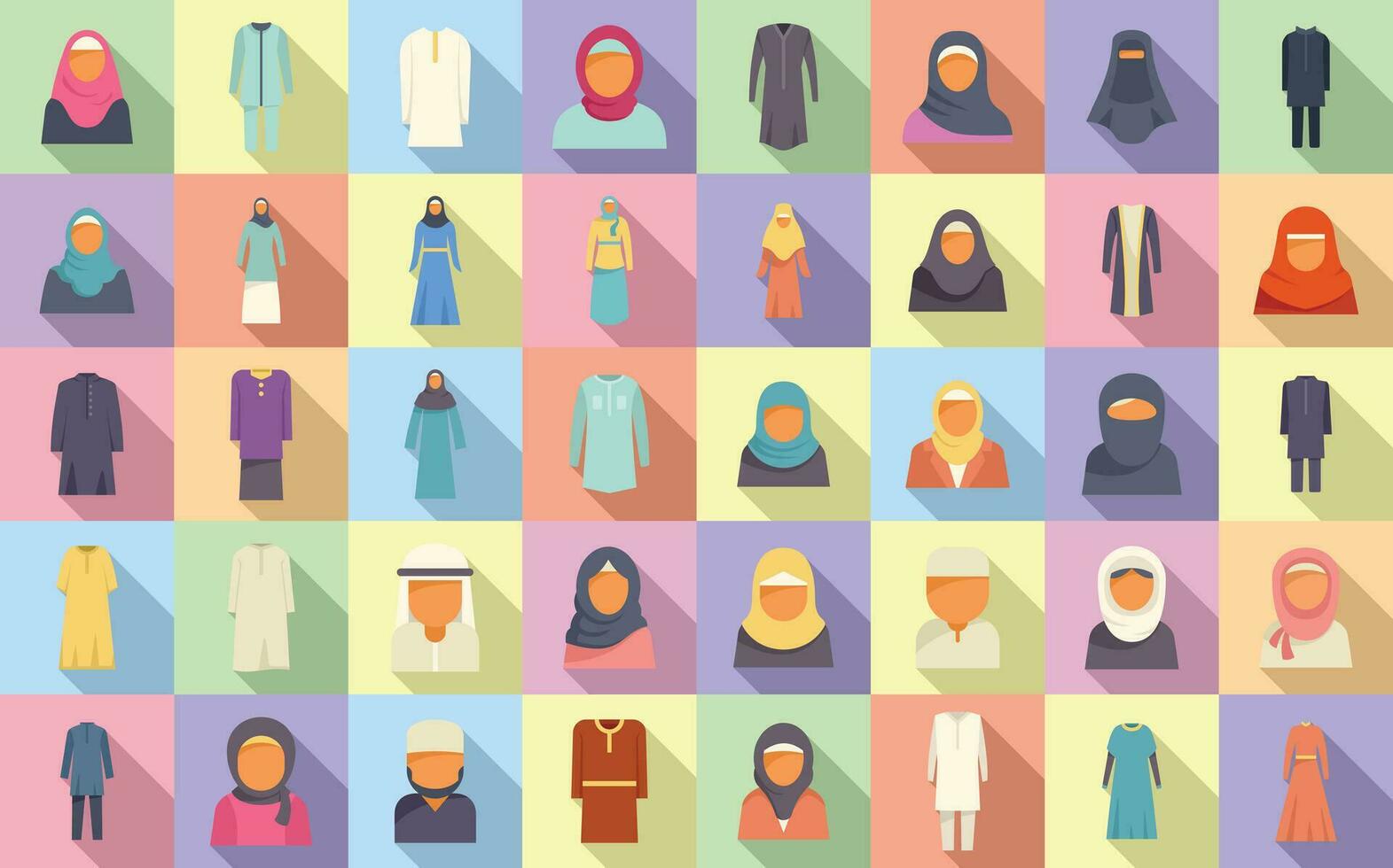 Muslim fashion icons set flat vector. Arab casual girl vector