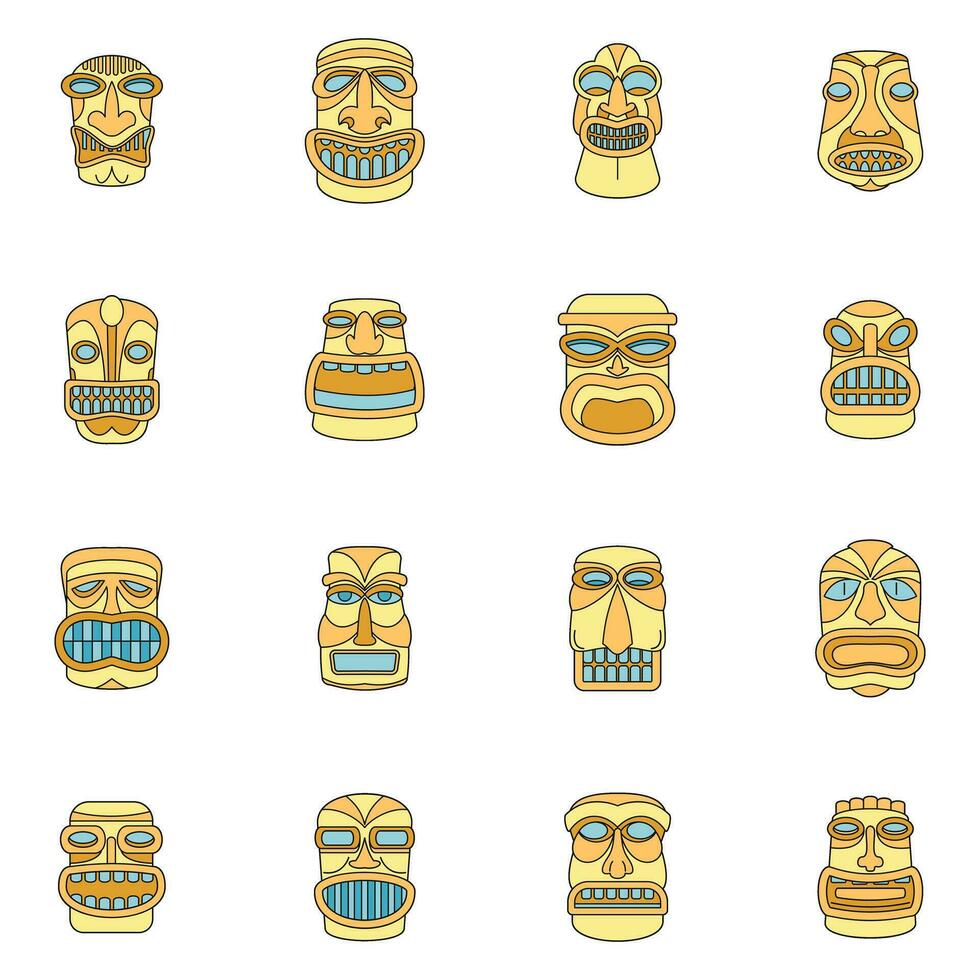 Tiki idol aztec hawaii icons set vector color