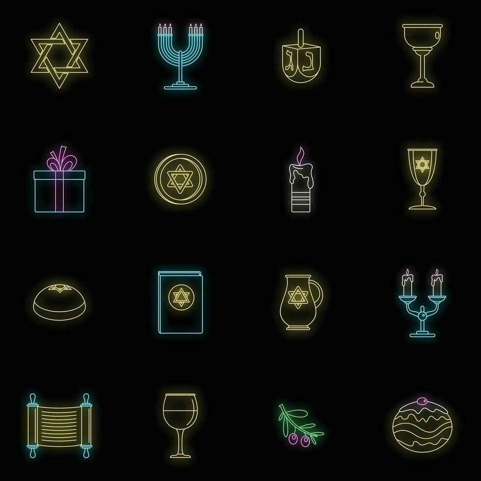 Chanukah jewish holiday icons set vector neon