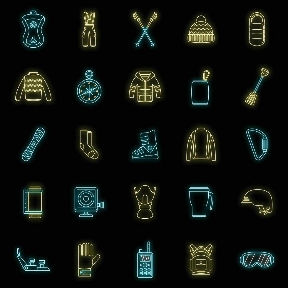 Snowboard equipment icons set vector neon