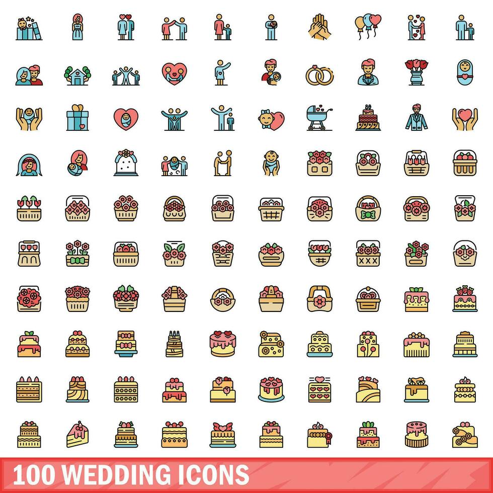 100 Boda íconos colocar, color línea estilo vector