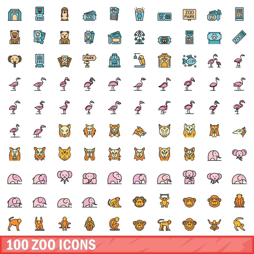 100 zoo icons set, color line style vector