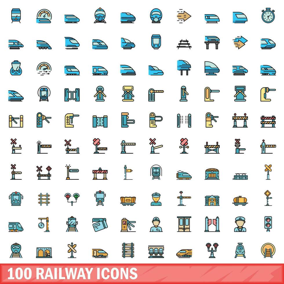 100 ferrocarril íconos colocar, color línea estilo vector