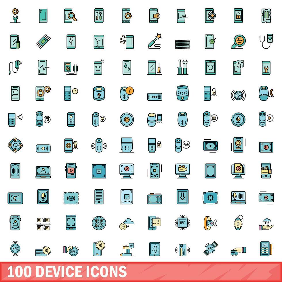 100 device icons set, color line style vector
