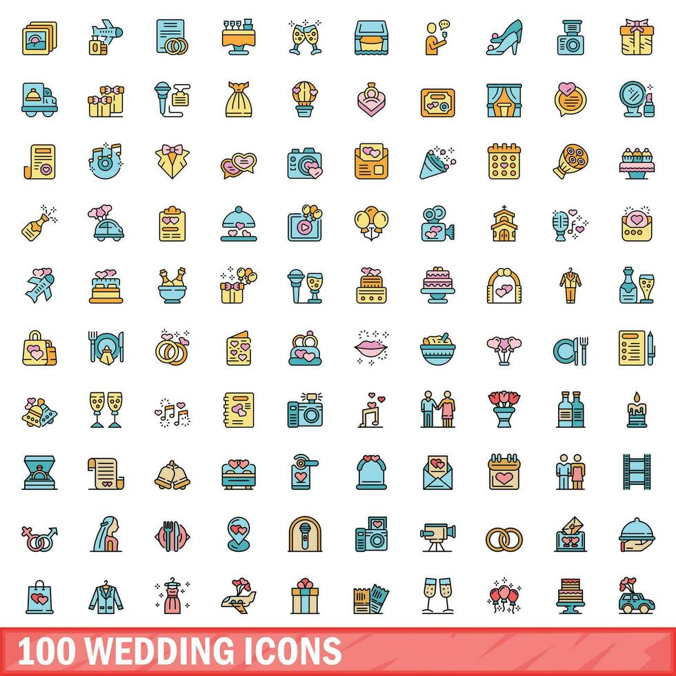 100 wedding icons set, color line style vector