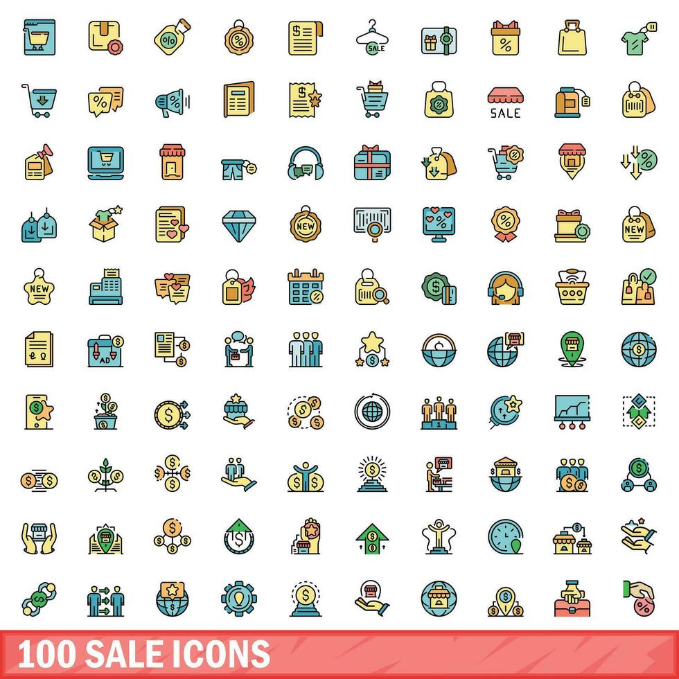 100 sale icons set, color line style vector