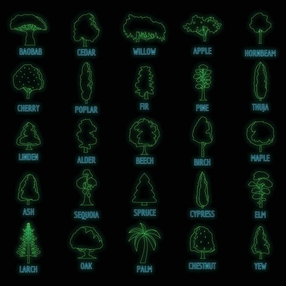 Tree types icons set vector neon