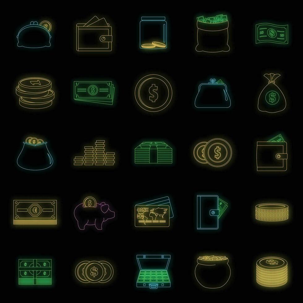 Money types icons set vector neon