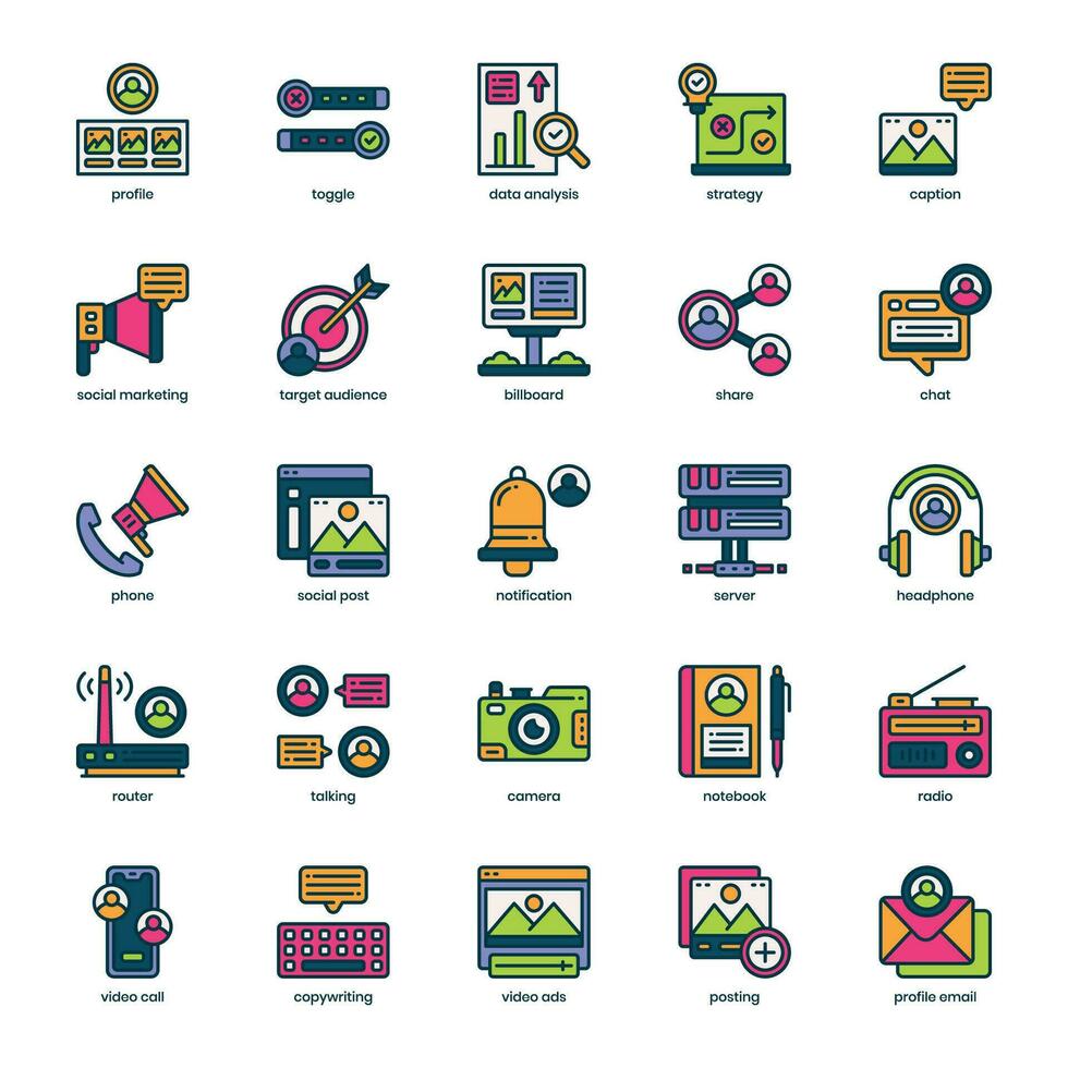 Social Marketing icon pack for your website design, logo, app, and user interface. Social Marketing icon filled color design. Vector graphics illustration and editable stroke.