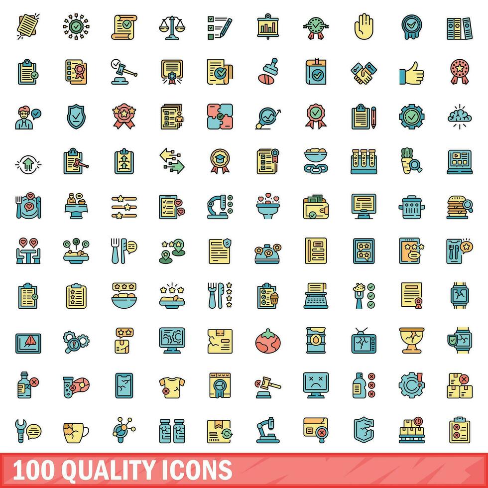 100 quality icons set, color line style vector