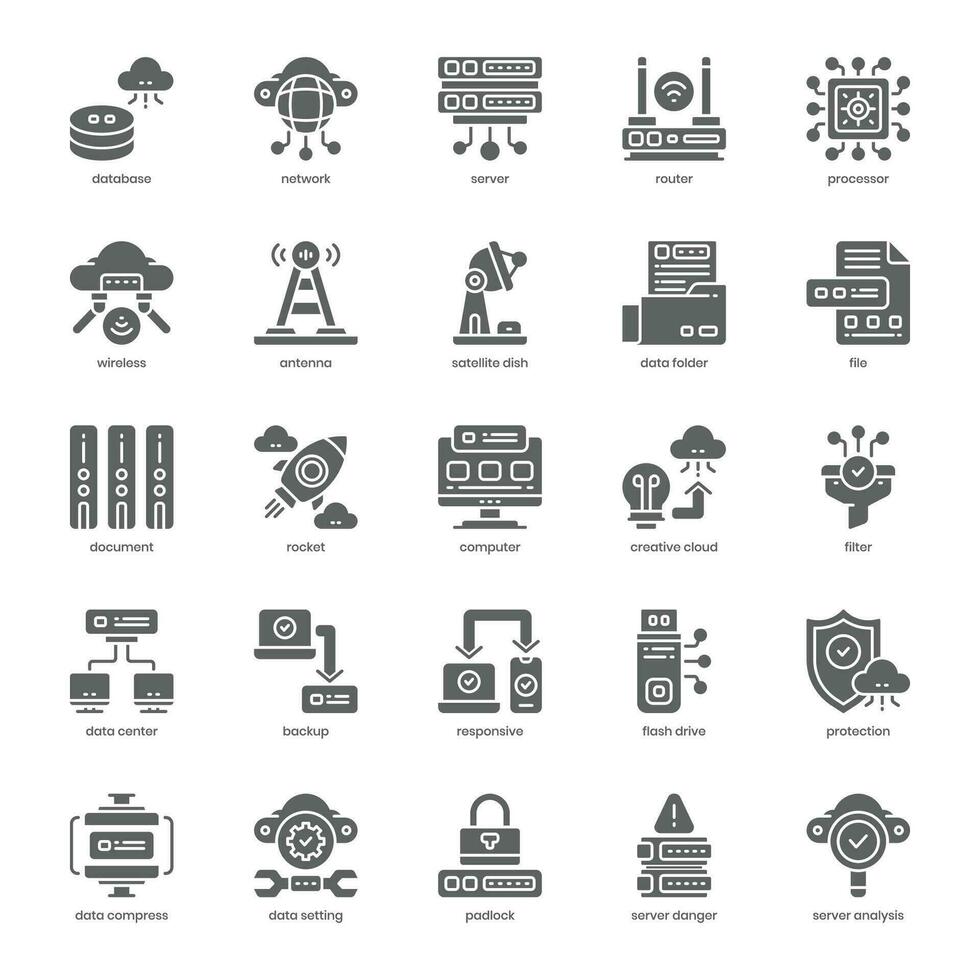Data and Network icon pack for your website design, logo, app, and user interface. Data and Network icon glyph design. Vector graphics illustration and editable stroke.